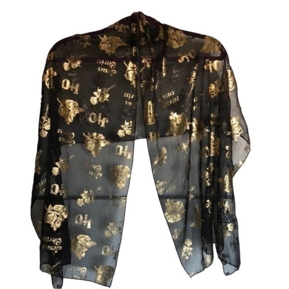 Black Chiffon Metallic Gold Religious Scarf